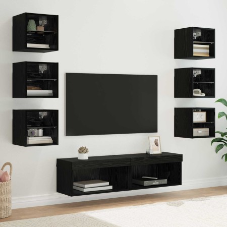 Mueble de TV con tira de luces LED 8 pcs Roble Negro Cristal en Muebles TV | Comprar online en Foro24