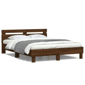Oak brown headboard bed frame and LED lights 150x200 cm by , Beds and slatted bases - Ref: Foro24-3207545, Price: 159,32 €, D...