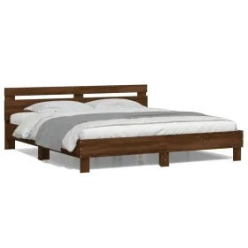 Oak brown headboard bed frame and LED lights 200x200 cm by , Beds and slatted bases - Ref: Foro24-3207524, Price: 177,95 €, D...