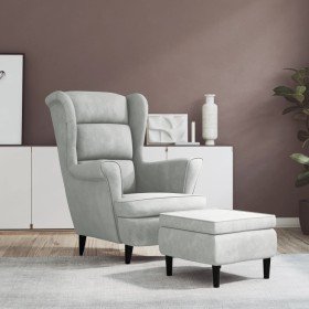 Sillón orejero y taburete de terciopelo gris claro Sillón orejero y taburete de terciopelo gris claro