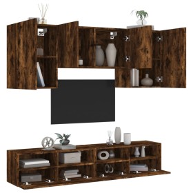 Muebles de TV de pared 5 pzas madera ingeniería roble ahumado