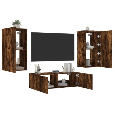 Wall TV cabinets with LED lights 3 pieces smoked oak by , TV Furniture - Ref: Foro24-3216878, Price: 165,42 €, Discount: %