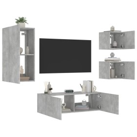 Muebles de TV de pared con luces LED 4 piezas gris hormigón