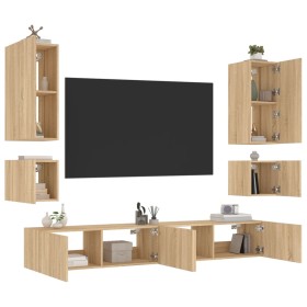 Muebles de TV de pared con luces LED 6 piezas roble Sonoma