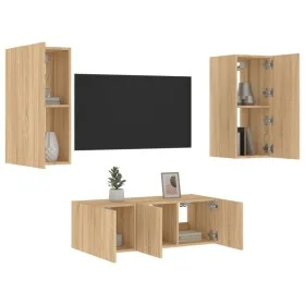 TV wall furniture with LED 4 pieces engineered wood Sonoma oak by , TV Furniture - Ref: Foro24-3216806, Price: 152,42 €, Disc...