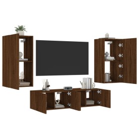 TV wall furniture with LED 4 pieces oak brown engineered wood by , TV Furniture - Ref: Foro24-3216852, Price: 195,34 €, Disco...