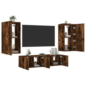TV wall furniture with LED 4 pieces engineered wood smoked oak by , TV Furniture - Ref: Foro24-3216850, Price: 192,22 €, Disc...