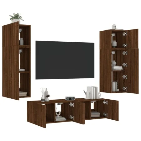 TV wall furniture with LED 6 pieces oak brown engineered wood by , TV Furniture - Ref: Foro24-3216838, Price: 227,17 €, Disco...
