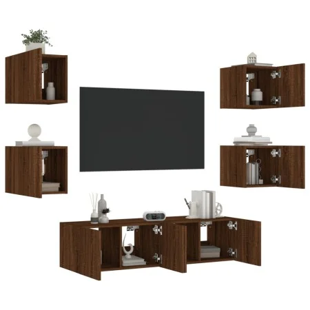 TV wall furniture with LED 6 pieces oak brown engineered wood by , TV Furniture - Ref: Foro24-3216859, Price: 185,95 €, Disco...