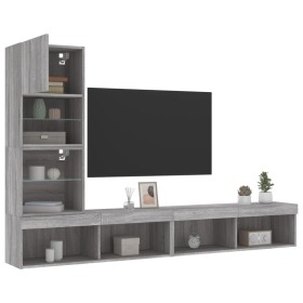 Muebles TV pared con LED 4 pzas madera ingeniería gris Sonoma