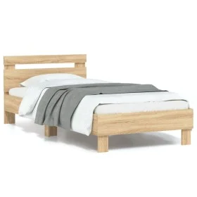 Bed frame headboard LED lights Sonoma oak 90x190 cm by , Beds and slatted bases - Ref: Foro24-838745, Price: 87,11 €, Discoun...