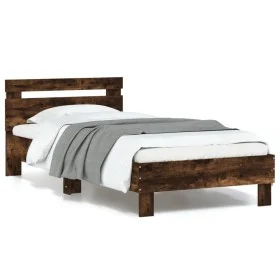 Bed frame headboard LED lights smoked oak 90x190 cm by , Beds and slatted bases - Ref: Foro24-838747, Price: 87,11 €, Discoun...