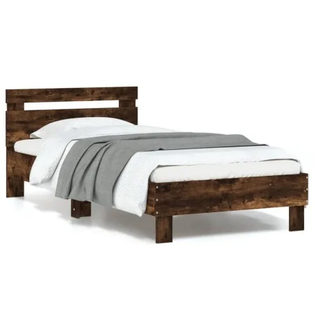 Estructura de cama cabecero luces LED roble ahumado 90x190 cm de , Camas y somieres - Ref: Foro24-838747, Precio: 87,34 €, De...