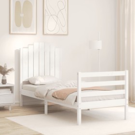 Estructura de cama individual con cabecero madera maciza blanco