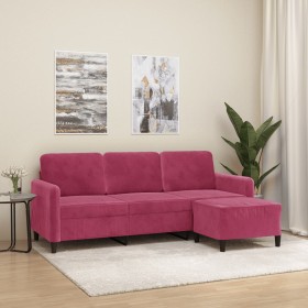 Sofá de 3 plazas con taburete de terciopelo rojo tinto 180 cm de , Sofás - Ref: Foro24-3201178, Precio: 305,44 €, Descuento: %