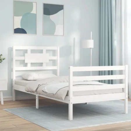 White solid wood bed frame with headboard 100x200 cm by , Beds and slatted bases - Ref: Foro24-3194432, Price: 115,23 €, Disc...