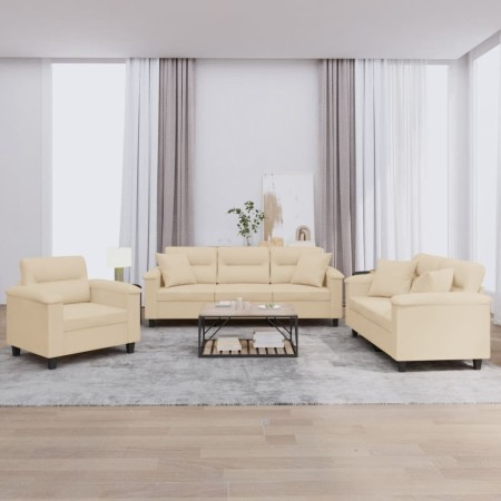 Sofa set with cushions 3 pieces cream microfiber fabric by , Sofas - Ref: Foro24-3202306, Price: 860,75 €, Discount: %
