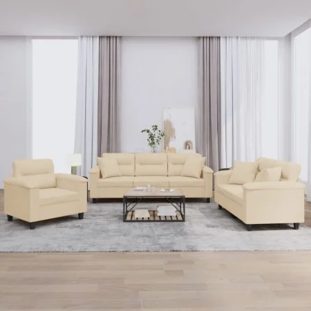 Sofa set with cushions 3 pieces cream microfiber fabric by , Sofas - Ref: Foro24-3202306, Price: 846,15 €, Discount: %