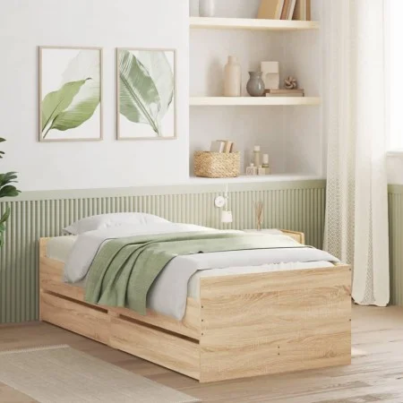 Sonoma oak bed frame with drawers 90x200 cm by , Beds and slatted bases - Ref: Foro24-3207345, Price: 168,61 €, Discount: %