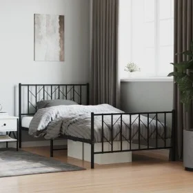 Bed frame with headboard and black metal footboard 107x203cm by , Beds and slatted bases - Ref: Foro24-374451, Price: 80,24 €...