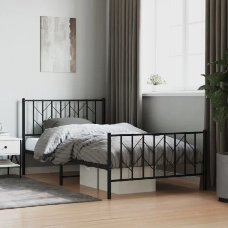 Bed frame with headboard and black metal footboard 107x203cm by , Beds and slatted bases - Ref: Foro24-374451, Price: 80,24 €...