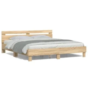 Sonoma oak bed frame with headboard and LED lights 180x200 cm by , Beds and slatted bases - Ref: Foro24-3207527, Price: 155,9...