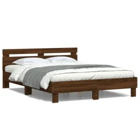 Oak brown headboard bed frame and LED lights 140x200 cm by , Beds and slatted bases - Ref: Foro24-3207552, Price: 161,93 €, D...