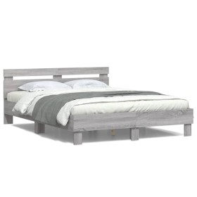 Estructura de cama cabecero y luces LED gris Sonoma 150x200 cm