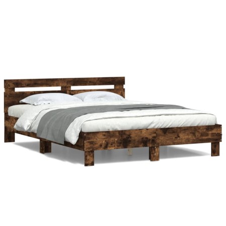 Smoked oak bed frame with headboard and LED lights 140x200cm by , Beds and slatted bases - Ref: Foro24-3207550, Price: 153,39...