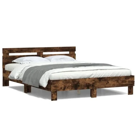 Smoked oak bed frame with headboard and LED lights 140x200cm by , Beds and slatted bases - Ref: Foro24-3207550, Price: 150,90...