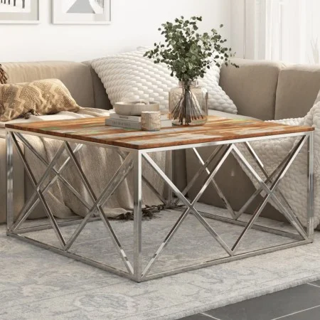 Beistelltisch aus Edelstahl in Silber und recyceltem Massivholz. von , Couchtisch - Ref: Foro24-349984, Preis: 121,31 €, Raba...