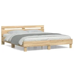 Sonoma oak engineered wood bed with headboard 160x200 cm by , Beds and slatted bases - Ref: Foro24-3207408, Price: 161,89 €, ...