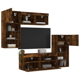 Muebles TV pared con LED 5 pzas madera ingeniería roble ahumado