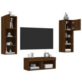 Muebles de TV de pared con luces LED 4 piezas marrón roble