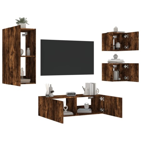 Muebles de TV de pared con luces LED 4 piezas roble ahumado de , Muebles TV - Ref: Foro24-3216885, Precio: 168,92 €, Descuent...