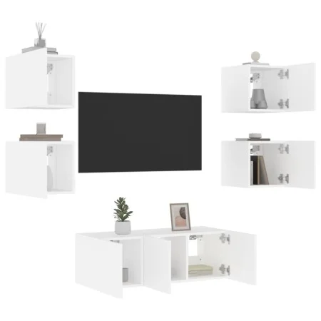 Muebles de TV de pared con LED 6 pzas madera ingeniería blanco by , TV Furniture - Ref: Foro24-3216811, Price: 176,39 €, Disc...