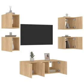 TV-Wandmöbel mit LED-Beleuchtung, 6-teilig, aus Eichenholz in Sonoma-Eiche-Optik. von , TV-Möbel - Ref: Foro24-3216813, Preis...