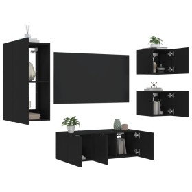 Muebles de TV de pared con LED 5 pzas madera ingeniería negro
