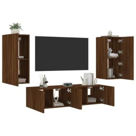 Muebles TV pared con LED 4 pzas madera ingeniería marrón roble by , TV Furniture - Ref: Foro24-3216845, Price: 170,09 €, Disc...