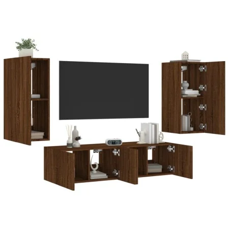 Muebles TV pared con LED 4 pzas madera ingeniería marrón roble by , TV Furniture - Ref: Foro24-3216845, Price: 170,09 €, Disc...