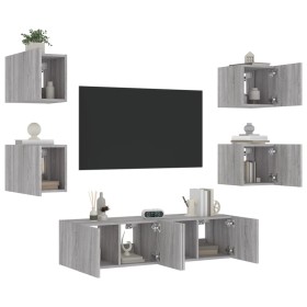 Muebles TV pared con LED 6 pzas madera ingeniería gris Sonoma