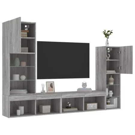 Muebles TV pared con LED 4 pzas madera ingeniería gris Sonoma by , TV Furniture - Ref: Foro24-3216659, Price: 177,76 €, Disco...