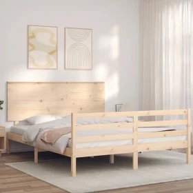 Double bed frame with solid wood headboard by , Beds and slatted bases - Ref: Foro24-3195226, Price: 164,05 €, Discount: %