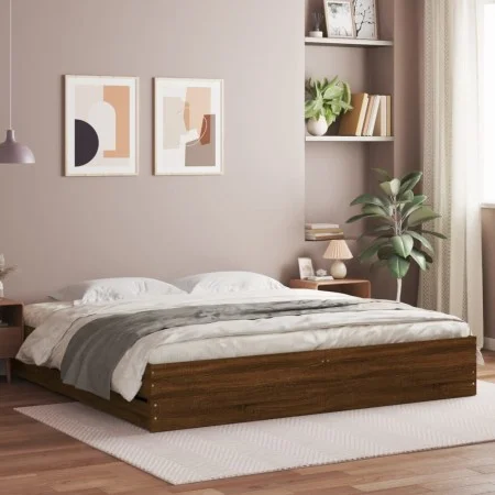 Oak brown engineered wood bed with drawers 180x200 cm by , Beds and slatted bases - Ref: Foro24-3207258, Price: 193,24 €, Dis...