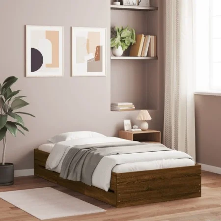 Oak brown engineered wood bed with drawers 100x200 cm by , Beds and slatted bases - Ref: Foro24-3207293, Price: 136,29 €, Dis...