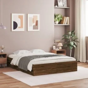 Oak brown engineered wood bed with drawers 120x190 cm by , Beds and slatted bases - Ref: Foro24-3207321, Price: 198,79 €, Dis...