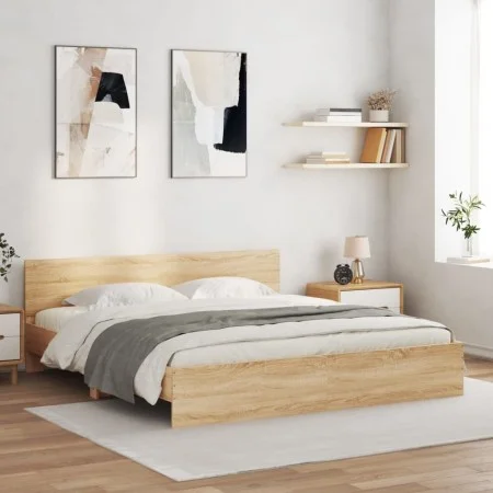 Sonoma oak bed frame with headboard 160x200 cm by , Beds and slatted bases - Ref: Foro24-3207471, Price: 171,36 €, Discount: %