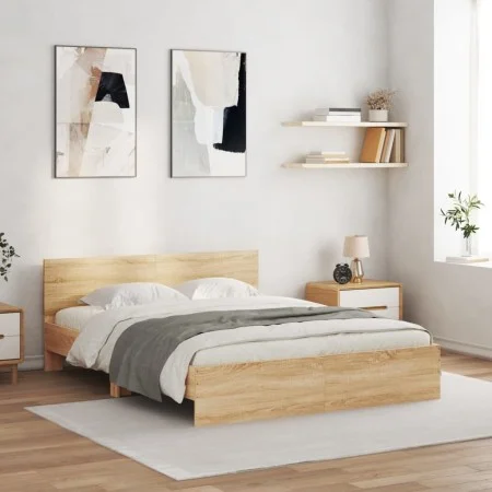 Bed frame with Sonoma oak headboard 140x190 cm by , Beds and slatted bases - Ref: Foro24-3207499, Price: 162,89 €, Discount: %