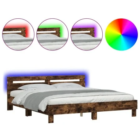 Smoked oak bed frame with headboard and LED lights 180x200cm by , Beds and slatted bases - Ref: Foro24-3207529, Price: 177,72...