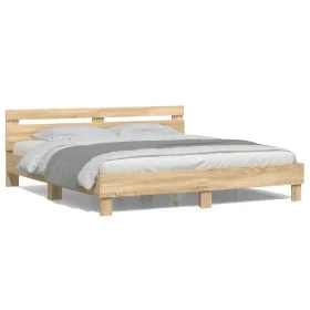 Sonoma oak bed frame with headboard and LED lights 160x200 cm by , Beds and slatted bases - Ref: Foro24-3207534, Price: 157,8...